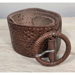 Hollister Wide Leather Perforated Belt‎ Brown Boho Western Festival XS/S